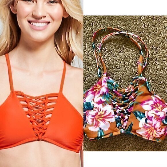 NEW NWT XHILARATION Macrame Strappy High Neck Bikini Top Mustard Gold Floral XS - Picture 1 of 9